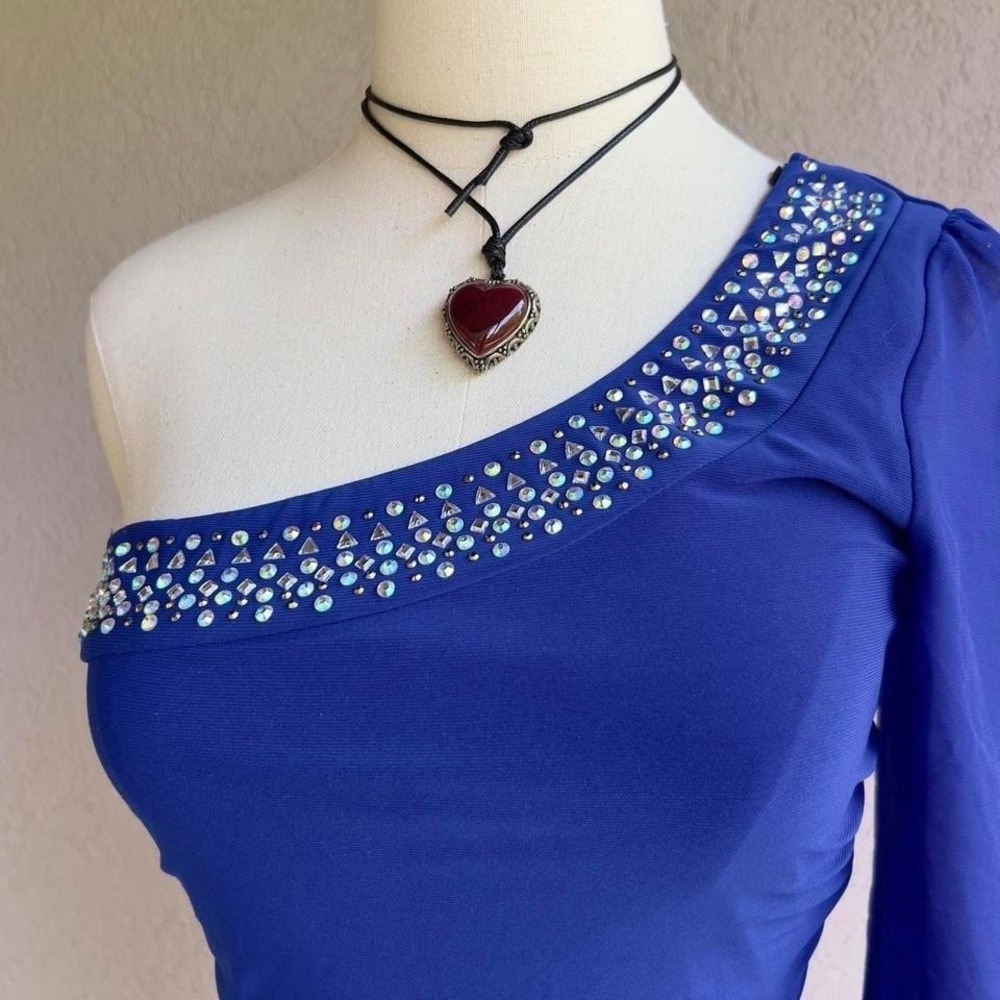 Y2K Deb Blue Rhinestone Mini Dress Medium Party Club One Shoulder Long Sleeve - Picture 3 of 7